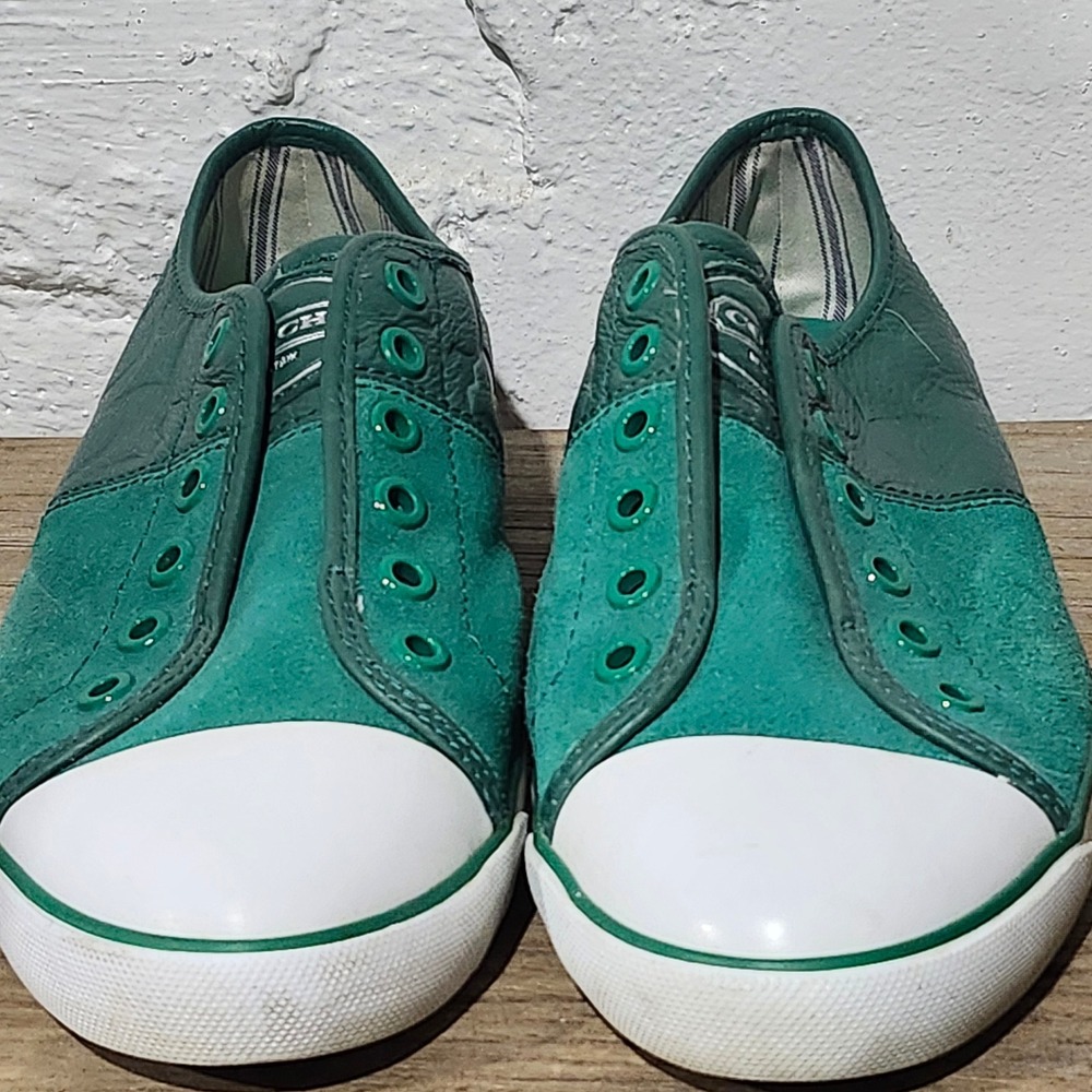 Coach 90s Mika Green Leather Suede Embossed Logo Low Top Sneaker Women 9 Cap Toe - Picture 7 of 16